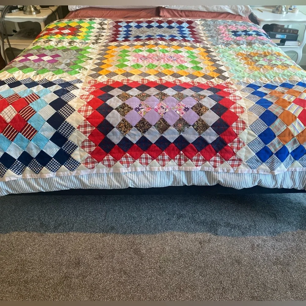 Handmade Multicolor Patchwork Quilt - Vibrant Checkerboard Bedding 99”/74”